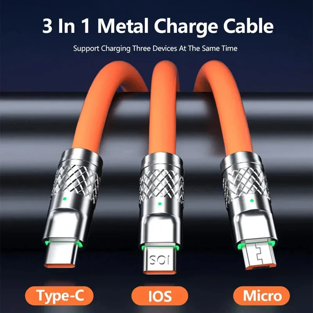 120W Usb Micro Type C Charger Cable 3 In 1 silicone bold Fast Charging Cable For iPhone 14 13 12 11 pro max Samsung Xiaomi