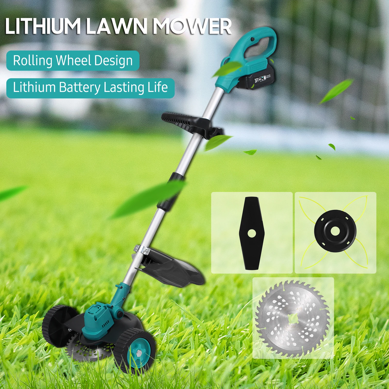 Portable Brushless Handheld Lawn Mower Electric Grass Cutter Cordless Grass Trimmer  with Telescopic Pole&Auxiliary Wheels