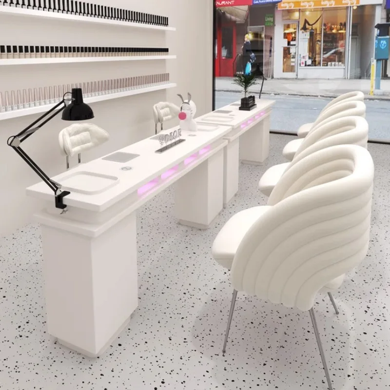 Modern Cream-Style Solid Wood Nail Table Chair Set Built-in High-Power Vacuum Cleaner Nail Curing Lamp for Nail Salon Manicure