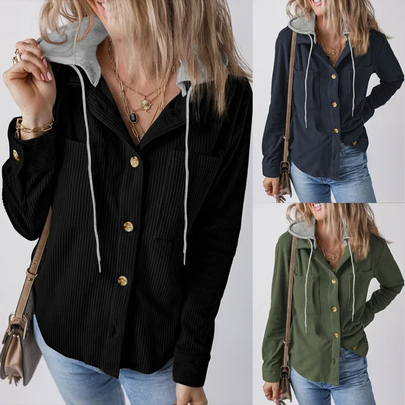 Women Solid Color Button Hooded Jacket Long Sleeve Corduroy Coat Casual Daily Outerwear