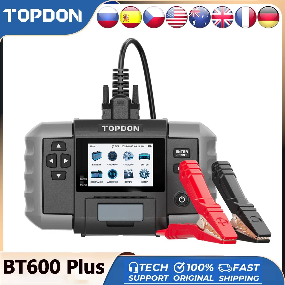 

TOPDON BT600 Plus Тестер батареи Профессиональный тестер батареи и сопротивления 2-в-1 6 В/12 В/24 В Анализатор свинцово-кислотных батарей
