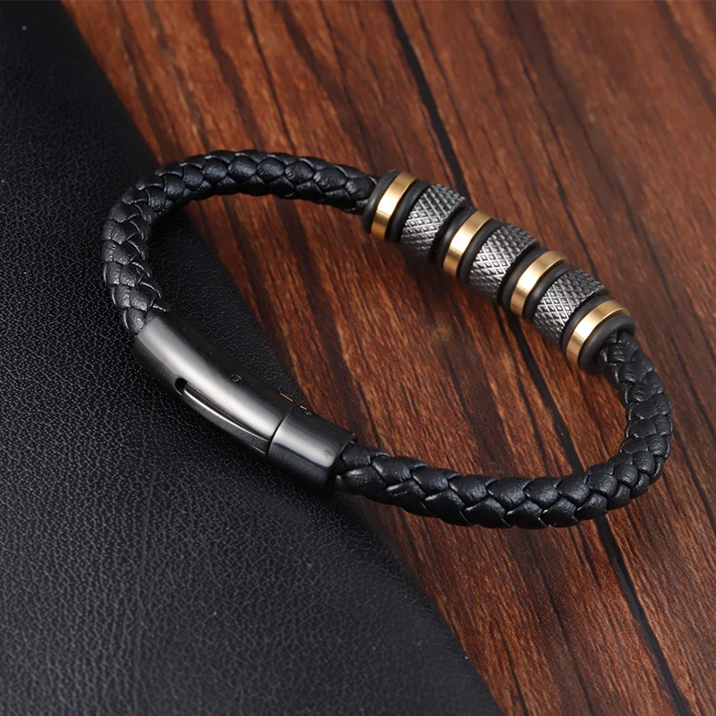 New Style Male Bracelet with Stainless Steel Beads Punk Braided Leather Bracelets Jewelry for Men 2022 Surprise Gift