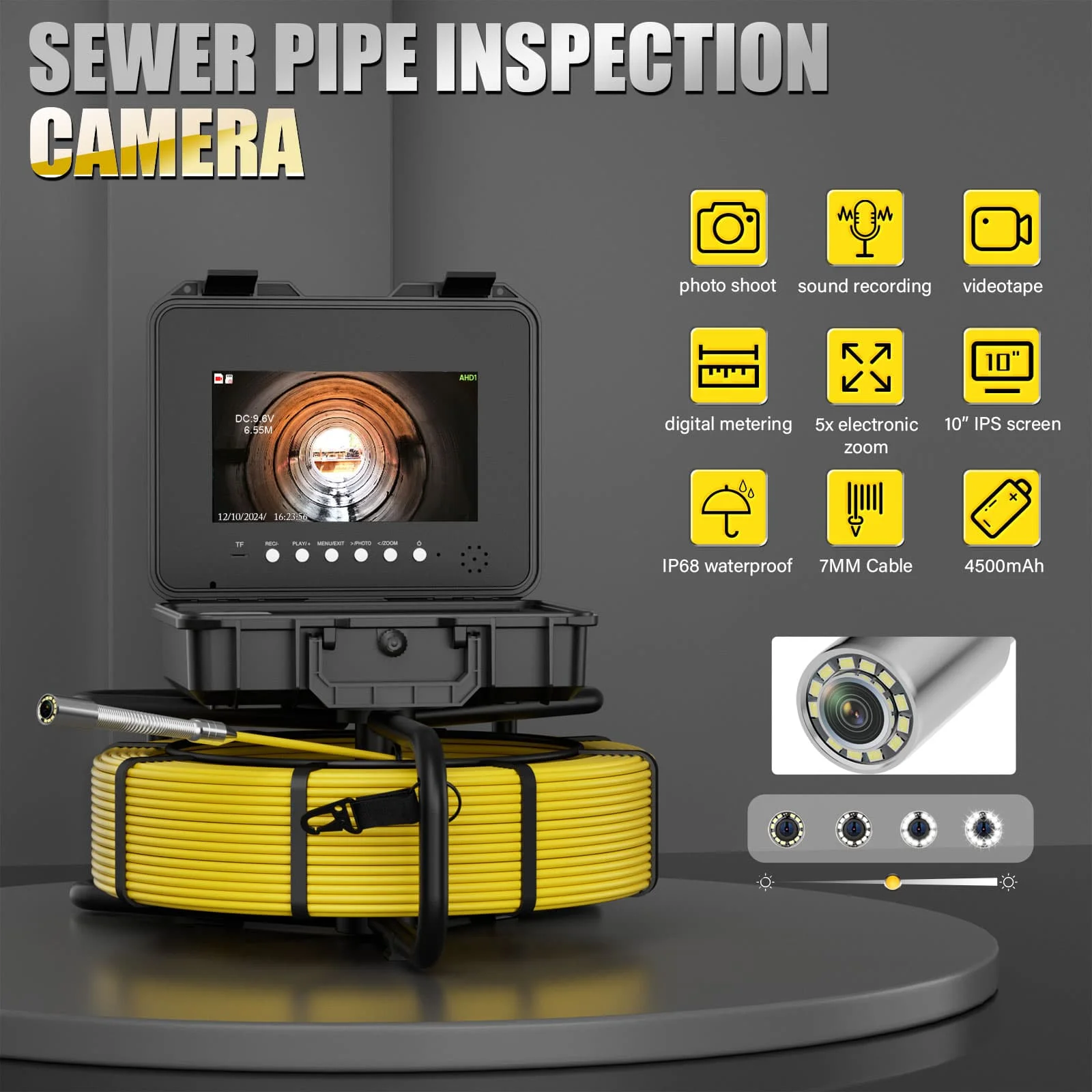 MS7mm-100M Cable 10.1inch Sewer Pipe Inspection Camera with Meter Counter DVR 7mm Cable Auto Self-Leveling 512hz  1080P  Boresco