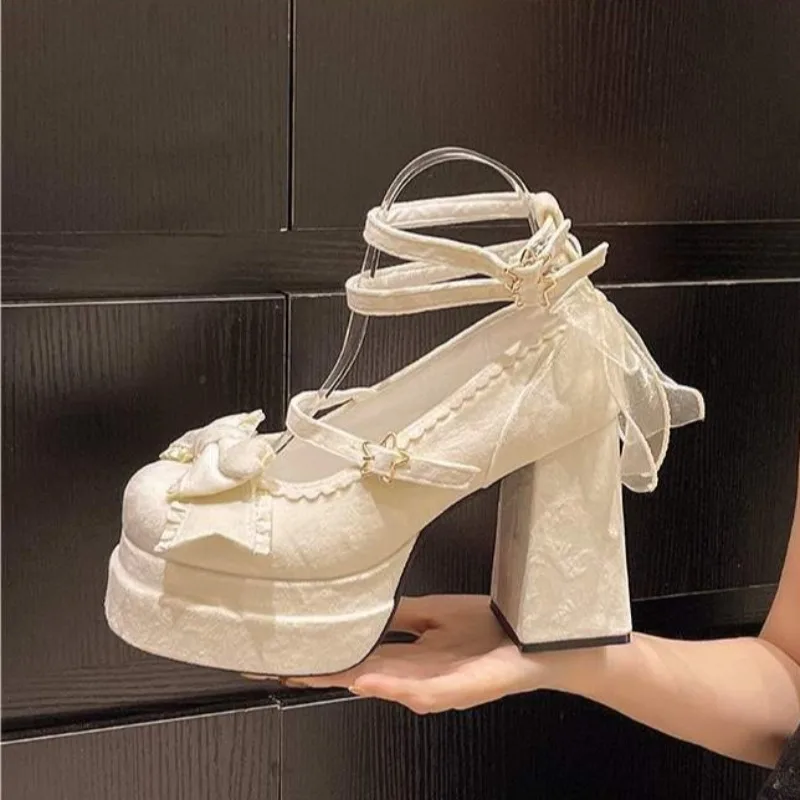 

New Women's Shoes French Bow Lolita Shoes Sweet Platform Mary Jane Shoes for Women Fashion High Heels Banquet Shoe Zapatos Mujer