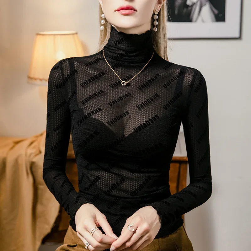 # 4263 Maglietta dolcevita nera da donna Lettere elastiche sottili Vedi attraverso la maglietta da donna Maglietta skinny sexy da donna Primavera Autunno