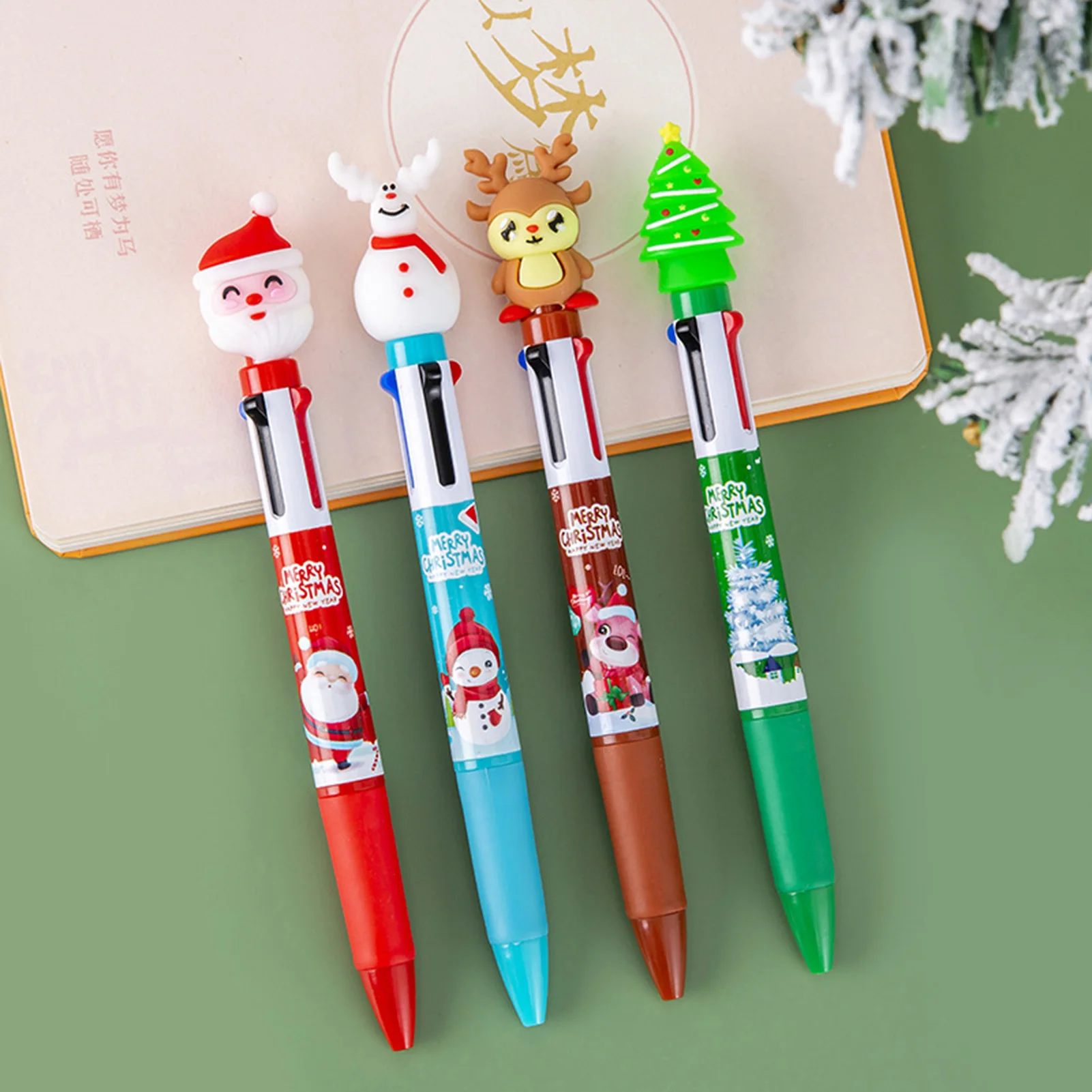 

4pcs Christmas Santa Reindeer Pine Ballpoint Pens Student Stationery Gift Set for Holiday Party Prizes Rewards