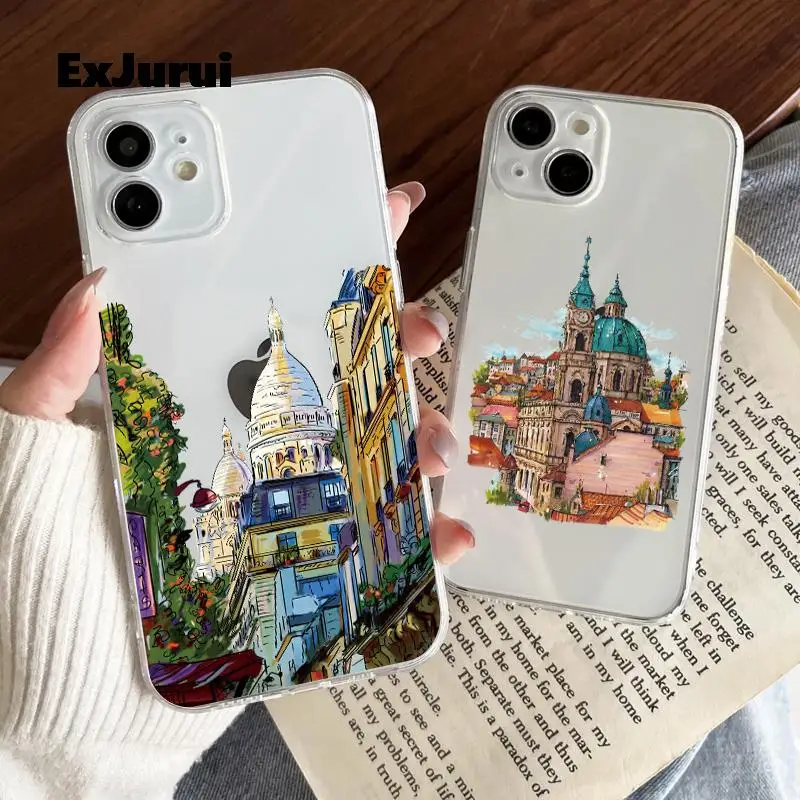 Transparent Phone Case For iPhone 11 Pro Max 13 12 X XR Hand Drawn Castle Landscape Soft TPU For iPhone 14 7 8 Plus Clear Cover