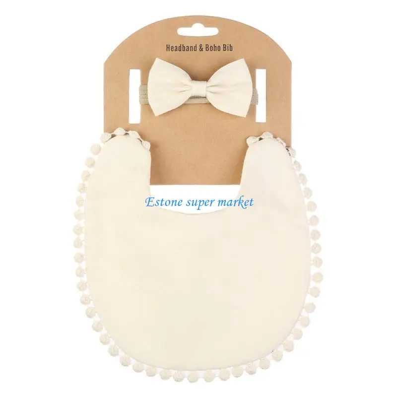 

090B 2 Pcs Baby Girls Feeding Bibs for Triangle Scarf Princess Bowknot Hair Band