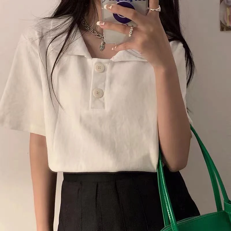 

Summer Button Short Sleeve Women Polo T Shirts Vintage Fashion Students All-match Sweet Oversized Clothing Top Daily Black White