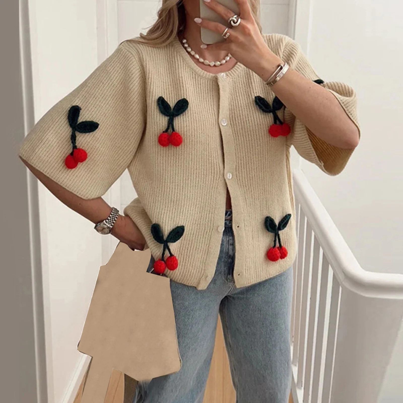 

Women's Summer Sweet Knit Tops Half Sleeve O Neck Button Up Cherry Embroidery Knitwear for Party