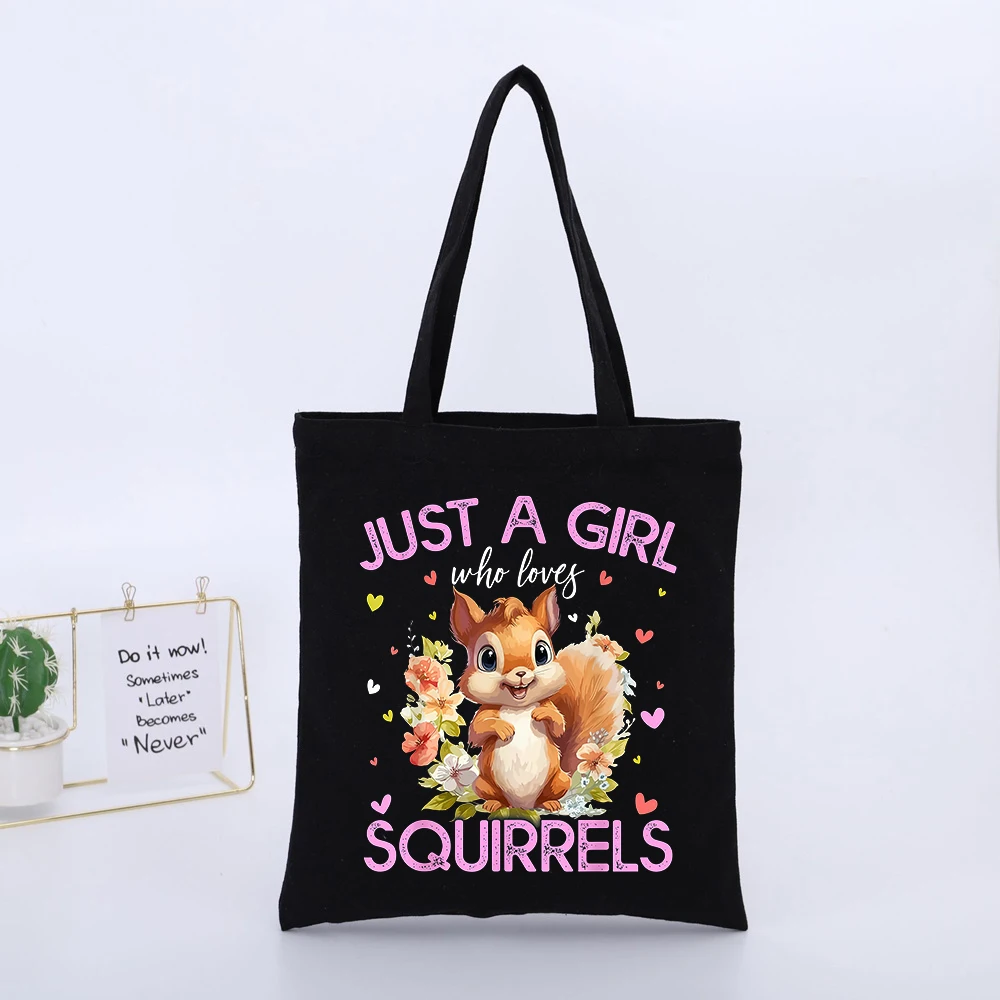 Squirrel and Floral Graphic Canvas Tote Bag, Casual Style for Daily Shopping