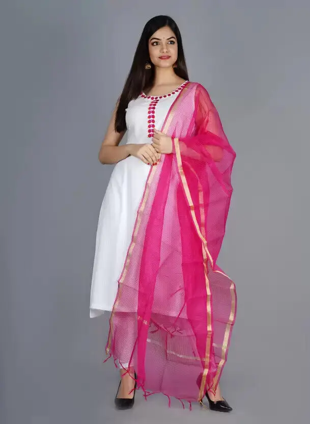 

Sleeveless round neck Kurti Viscose Rayon Knee Length Kurta Dupatta White Pink