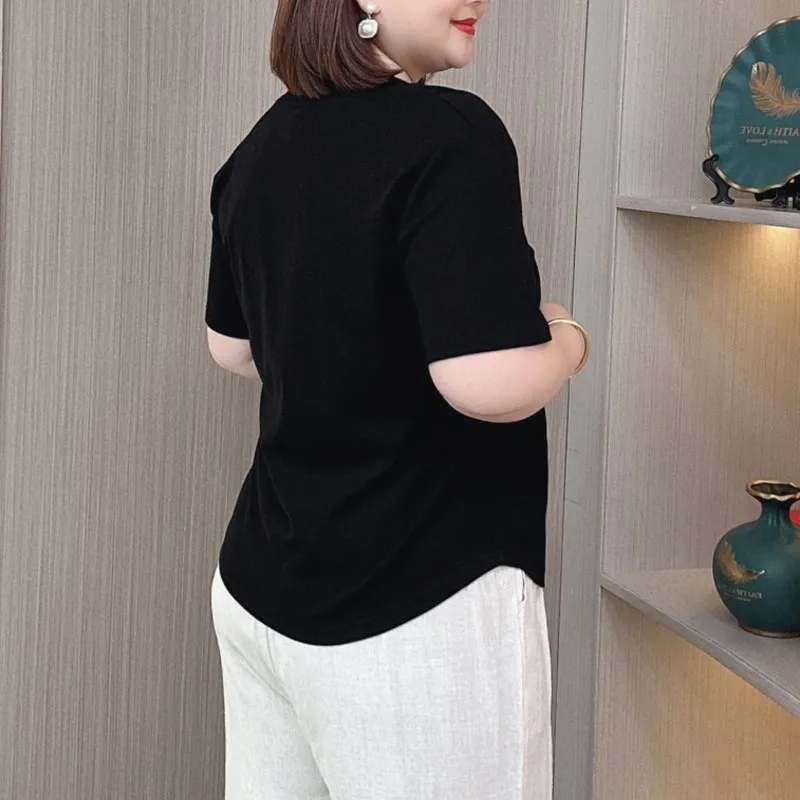 Plus Size Damska letnia koszulka z krótkim rękawem Casual Fashion Boczne fałdy Pokaż cienki top