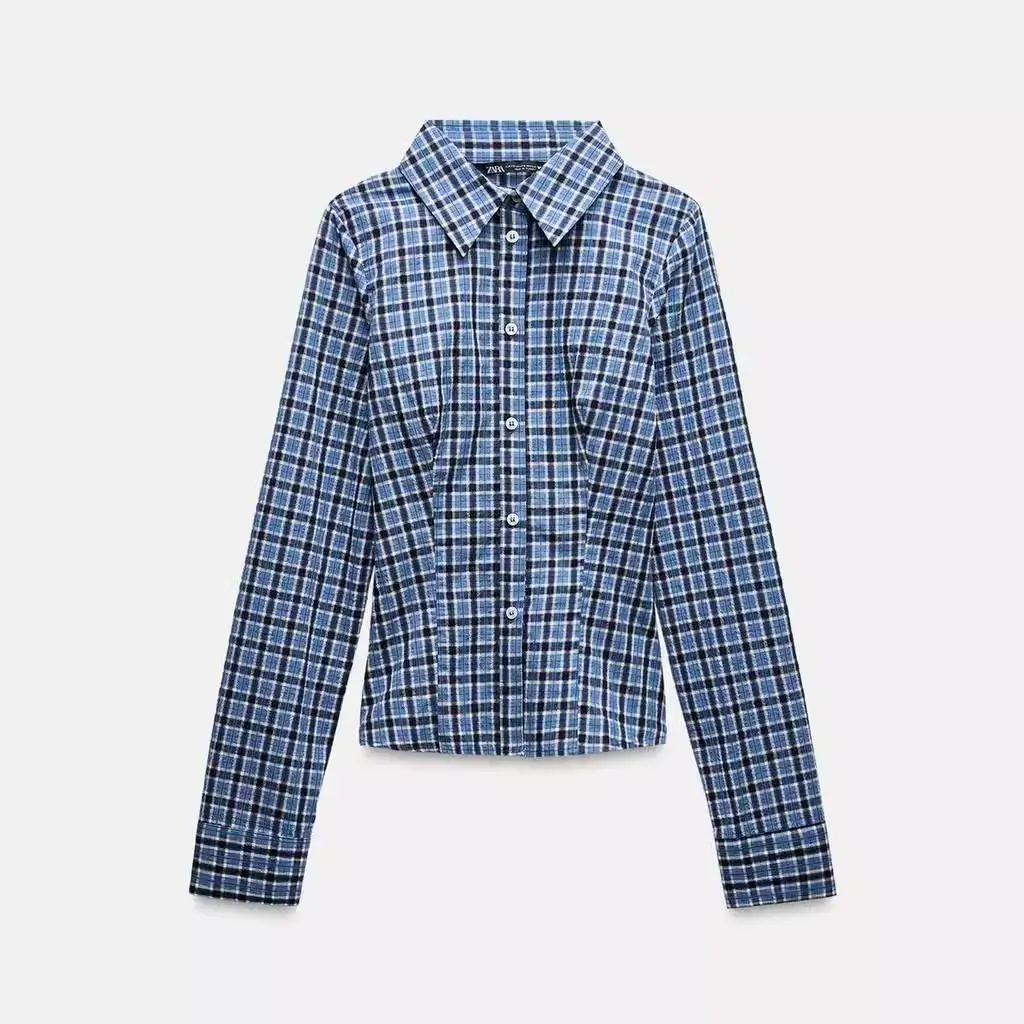 

Осень 2024, женская модная облегающая клетчатая хлопковая длинная све с отложным воротником, модная прямая трубка для девочек