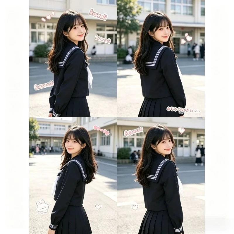 Plus Size JK Uniform Basic Black Three Lines Sailor Suit Japanese Preppy Classic Long Short Sleeve College Daily Outfit Set