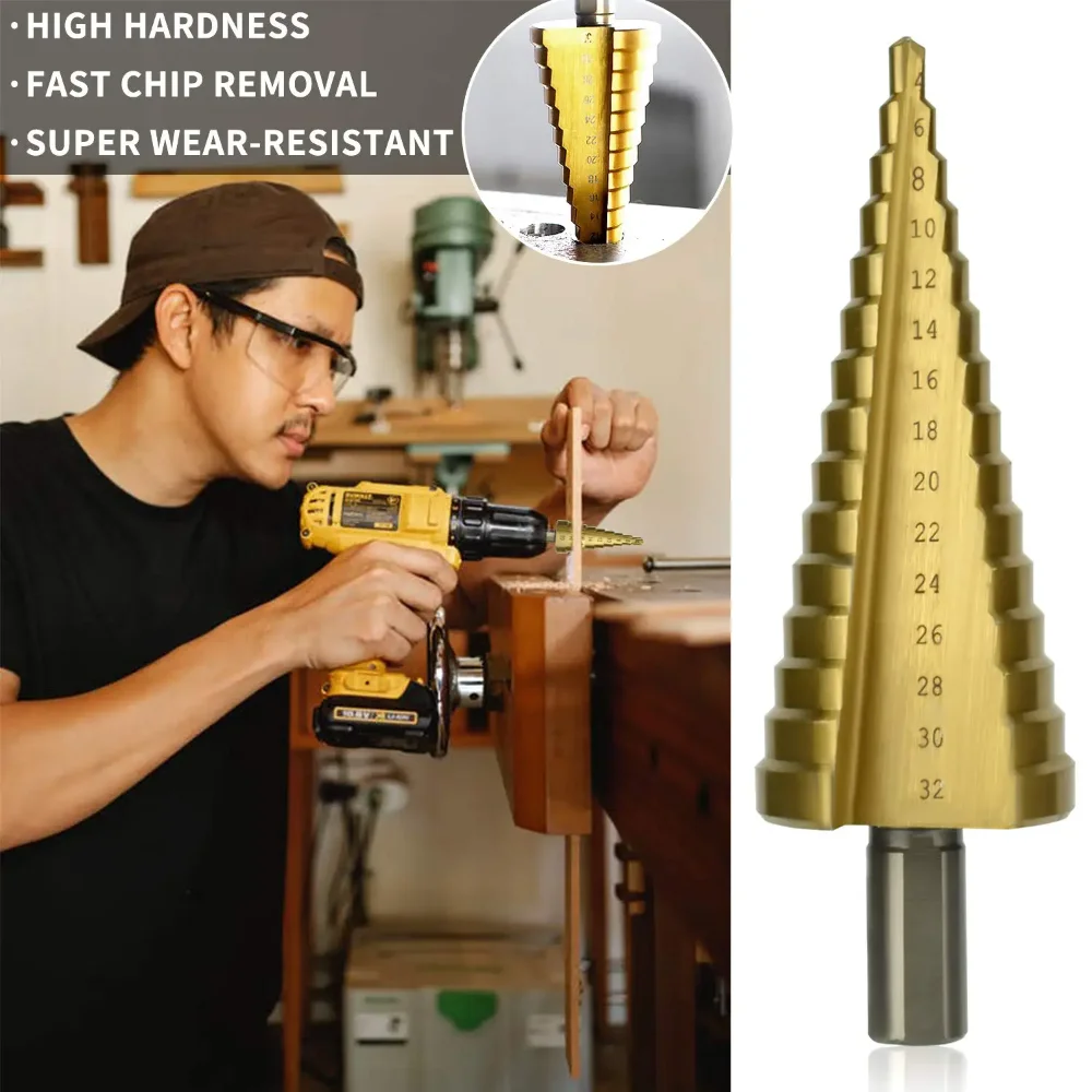 Broca de pagode revestida de titânio, broca de dente de serra, expansão de furo para carpintaria, conjunto de caixa de plástico com ranhura, perfuração de madeira, 6 peças