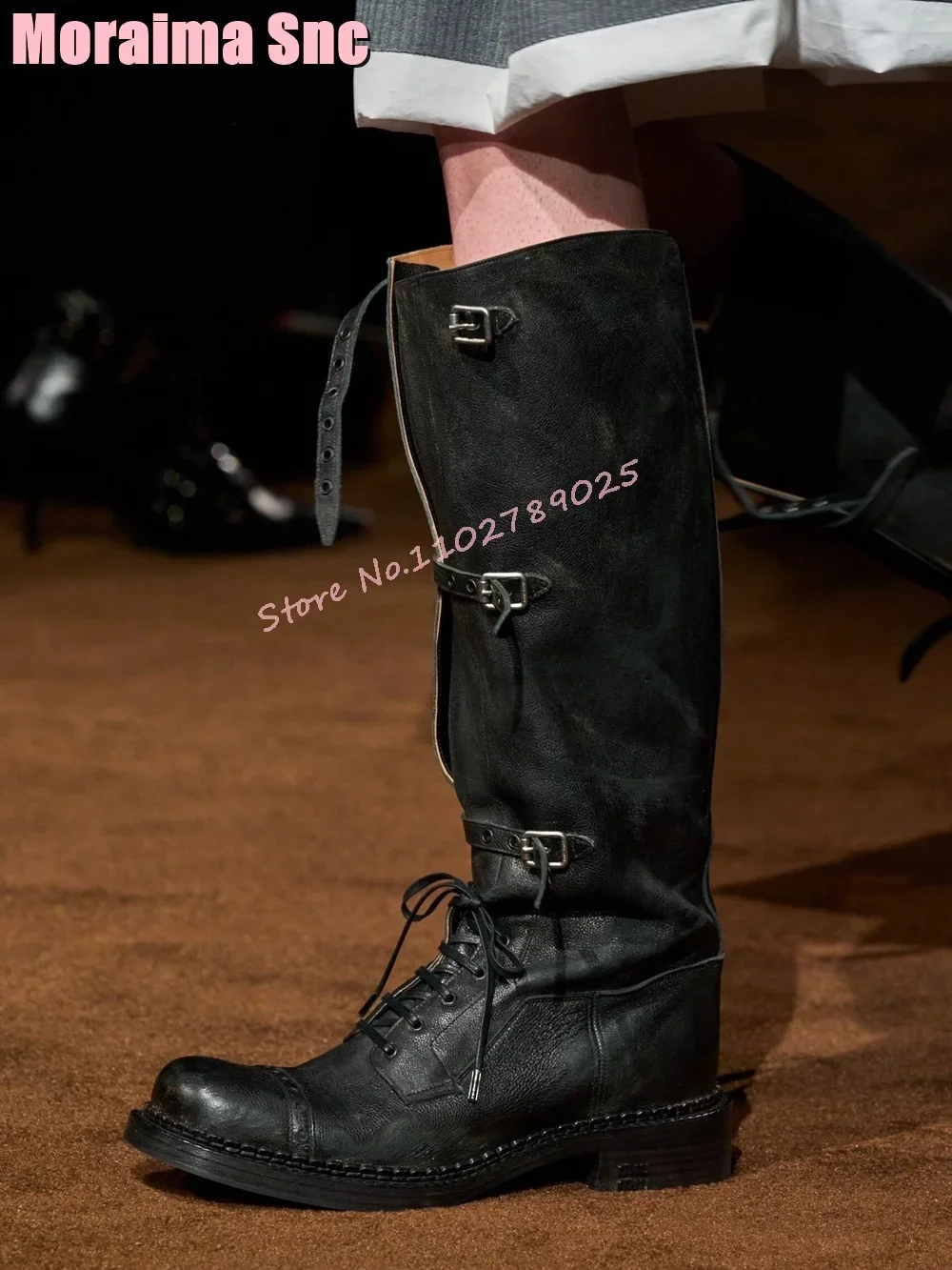 

Brown Belt Buckle Round Toe Knee High Boots Lace-up Block Mid Heel Slip On Retro Style Western Women Long Boots Autumn Winter