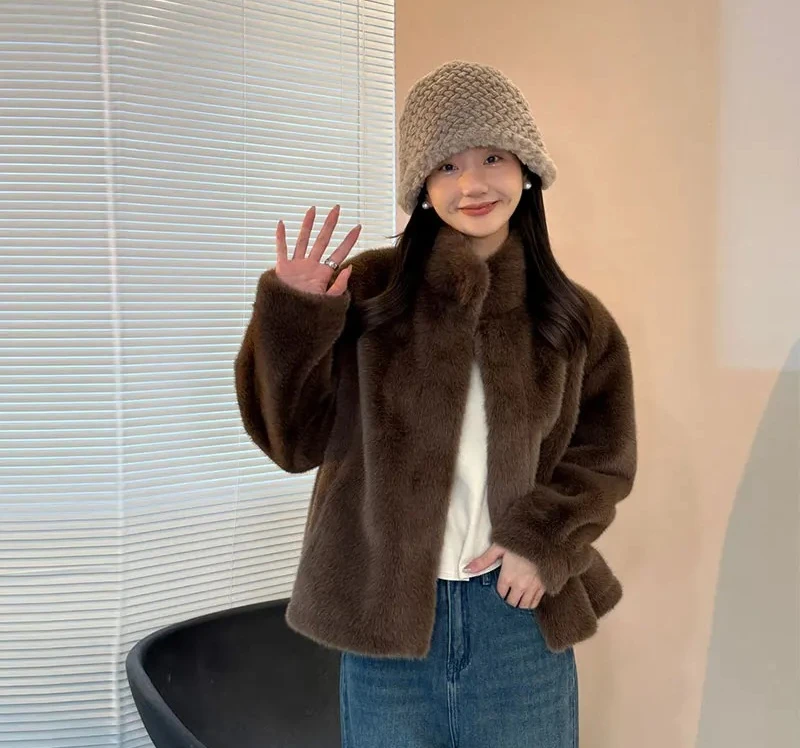 معطف فرو نسائي من ort Thiened بياقة واقفة من الجلد والفرو الكامل شتوي دافئ كاجوال #3