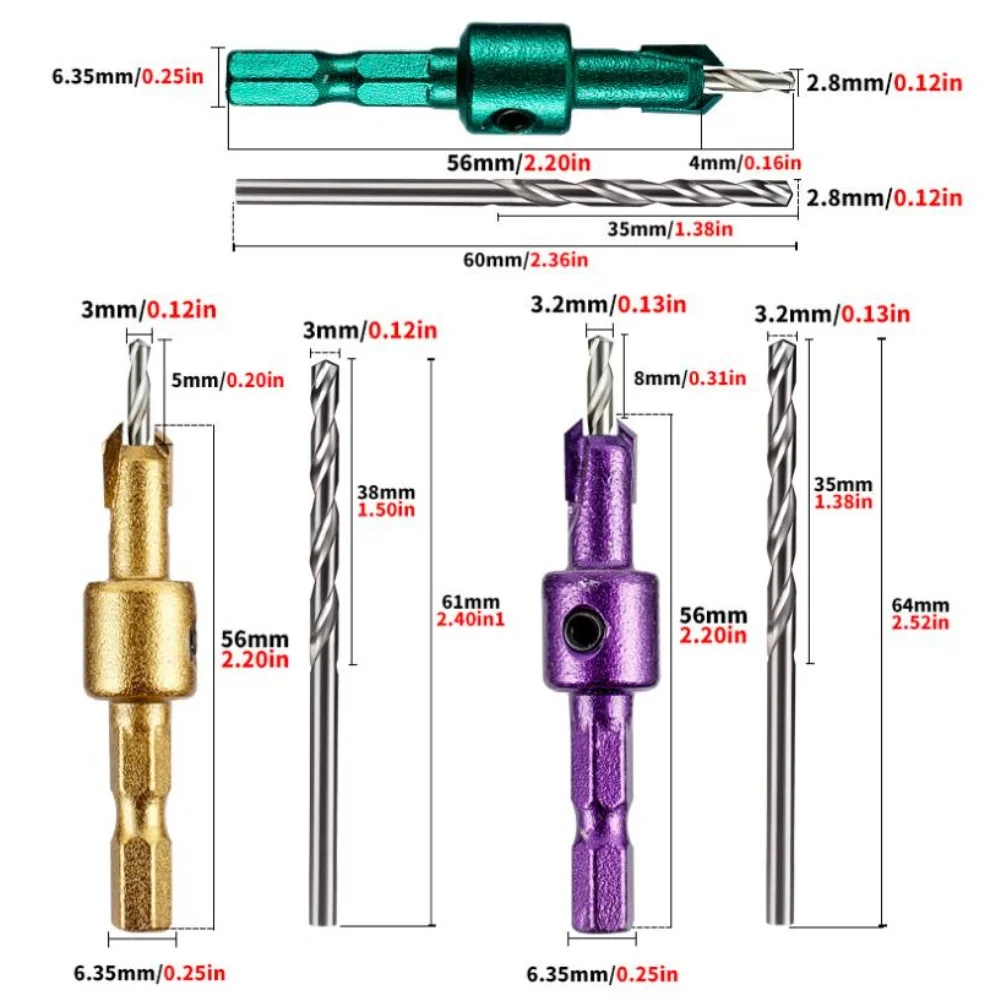 

3PCS Countersink Drill Bit Set 28332mm with Hex Shank and Adjustable Depth Stopper for Woodworking and Quick Chuck Use
