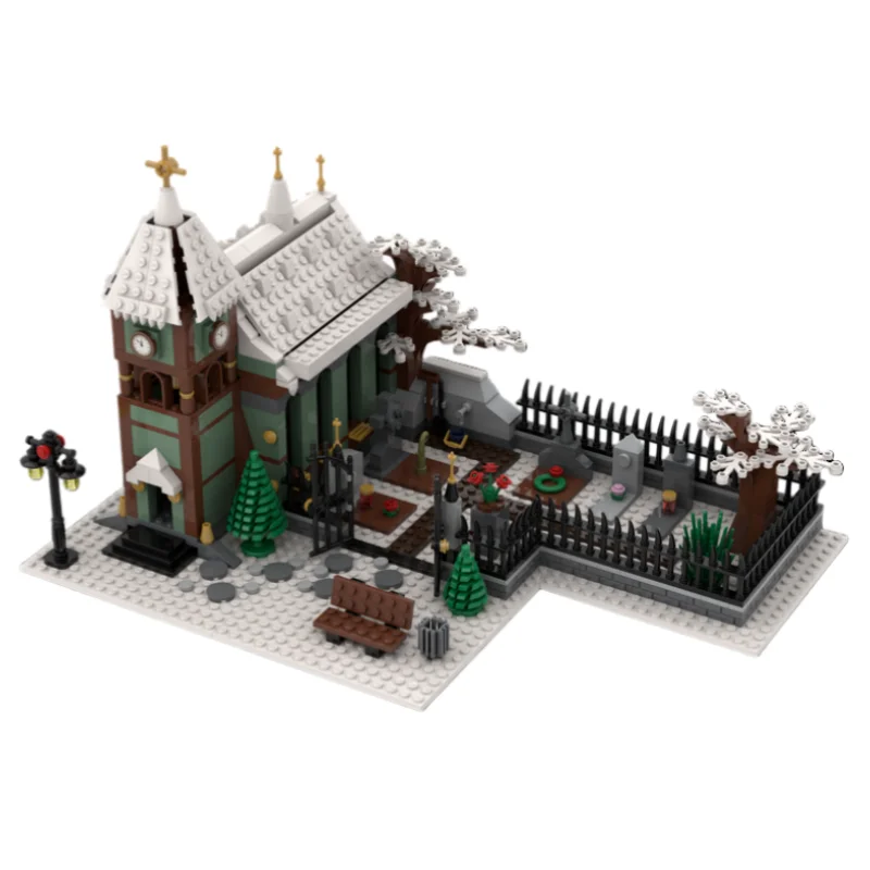 

Строительные блоки MOC, модульные здания зимней деревенской церкви и кладбища, набор сборных игрушечных моделей, подарок на день рождения для детей.