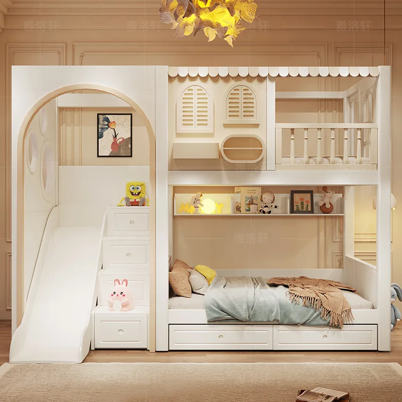 Children's bed Girl two-story full solid wood bed High guardrail with width Small apartment slide Mother and child bed Castle tr
