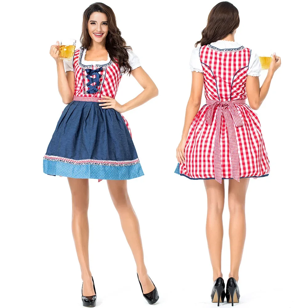 Women Oktoberfest Costume Germany Bavaria Dirndl Outfit Blue Plaid Dress Apron Set Beer Party Fancy Dress