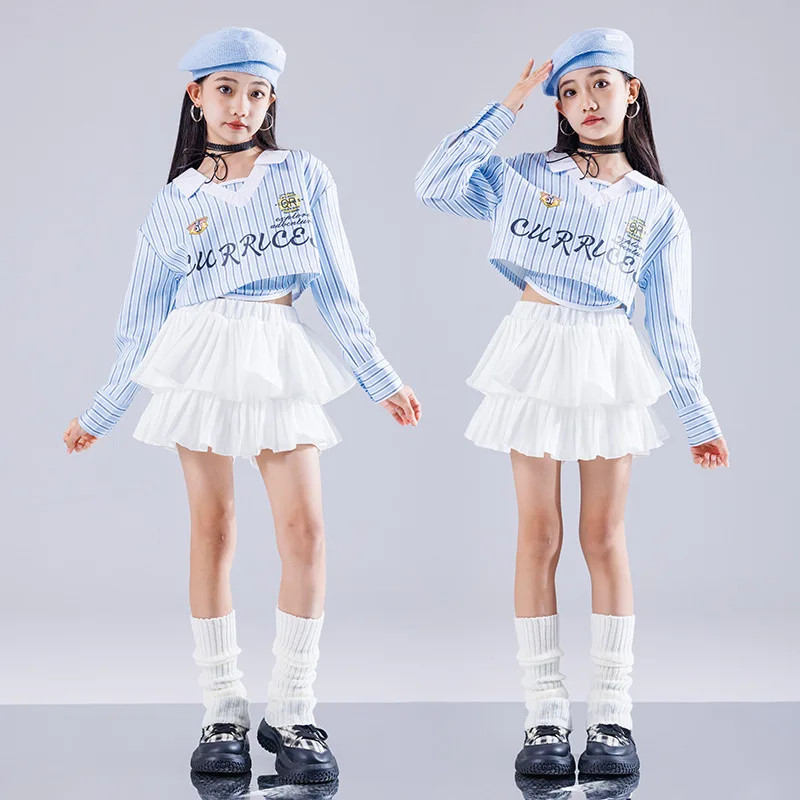 Hip Hop Sets Mädchen K-pop Streifen Blau Crop Top Street Dance Cargo Hosen Tiered Röcke für Kinder Streetwear Kinder Jazz Kostüm