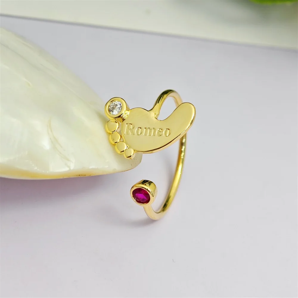 2023 Custom Kids Birthstone Name Ring Personalize Stainless Steel Footprint Open Ring For Children Birthday Jewelry Gifts