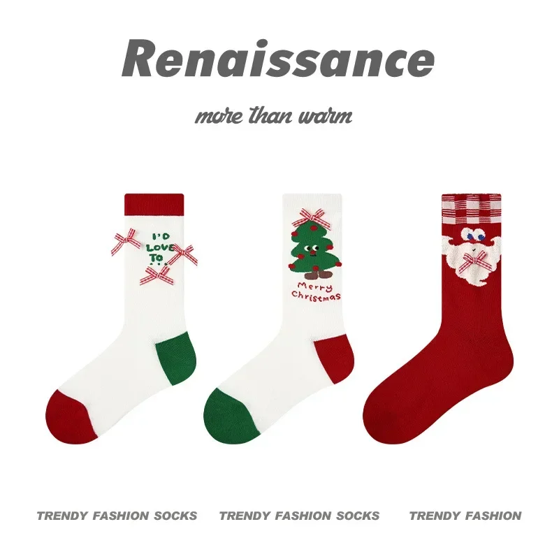 Red Christmas Socks Set Cartoon Funny New Year Socks Women Cute Cotton Boneless Warm 3 Pairs Design Festival Gifts boots Winter