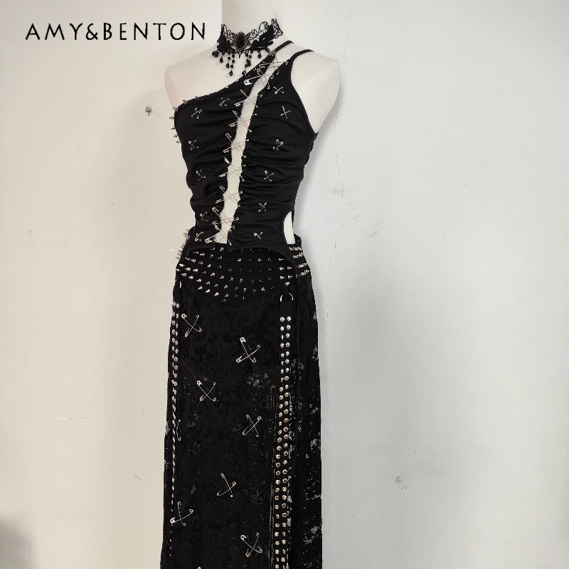 

Gothic Dark Sweet Cool Pin Stitching Sexy Backless Women's Vest Original High Waist Slit Lace Hollow Out Rivet Skirt Set Ladies