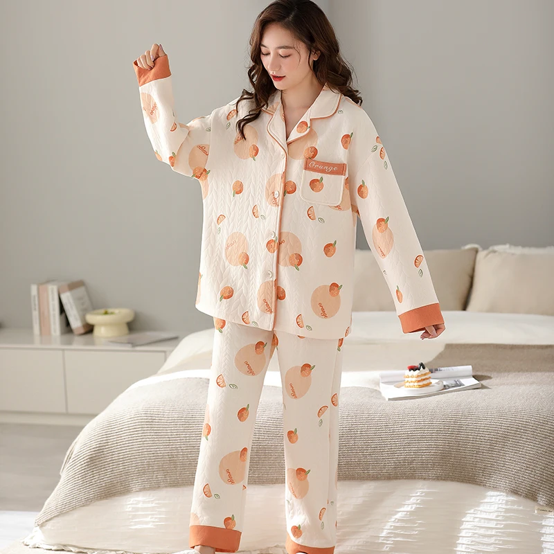 New Autumn and Winter Women's Three Layer Thin Cotton Interlayer Cardigan Sleepwear Women's Winter Full Cotton Sleepwear Set