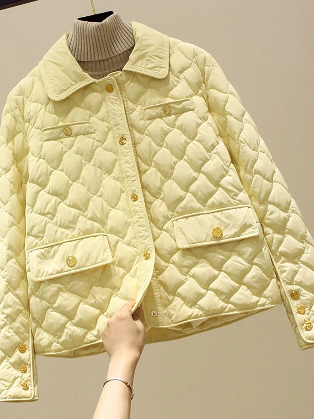 Casual Turn-down Collar Quilted Jackets for Women 2024 Lightweight Single-breasted Cotton Coats Autumn Winter Female Outerwear