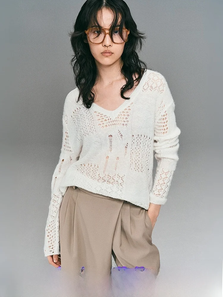 

Spring Women's V-neck Mesh Knitted Top Casual Fit Hollow out Wool Blend H&M 1311916 Comfortable Breathable Fashionable