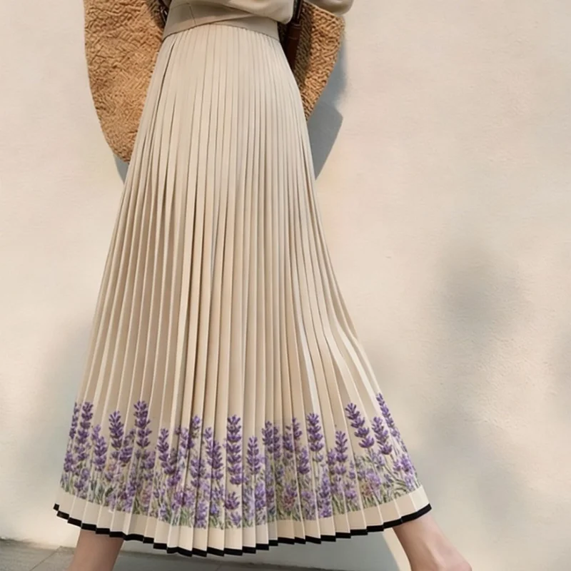 Women's Lavender Print Pleated Midi Skirt High Waist A-Line Swing Skirt for Elegant Casual Daily Wear