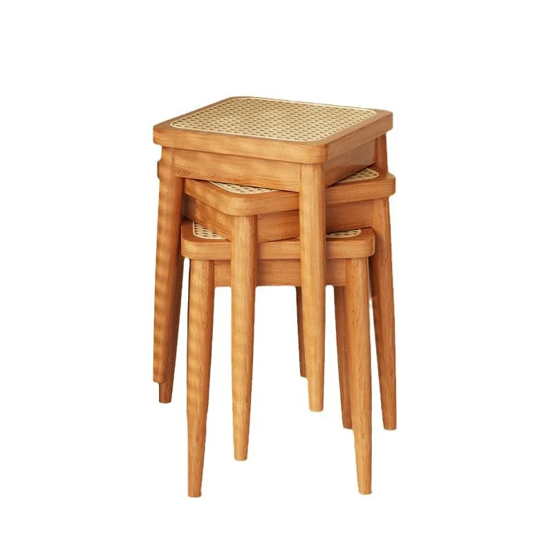 For solid wood rattan stool household stackable medieval square stool dining table bench spare breathable dining stool simple