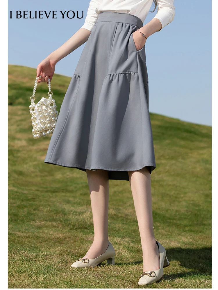 I BELIEVE YOU Grey Skirt with  Pockets High Waist Aline Skirts 2023 Spring Woman Clothing New Mid-calf Length Bottoms 2231024687