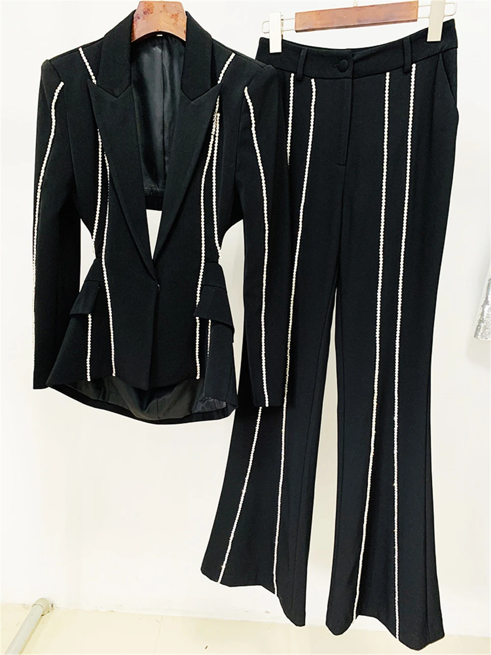 Sexy Cut-out Women Suit Set With Rhinestones Single Button Wide Leg Pants Tuxedo Set Long Sleeves Formal Party Outfit