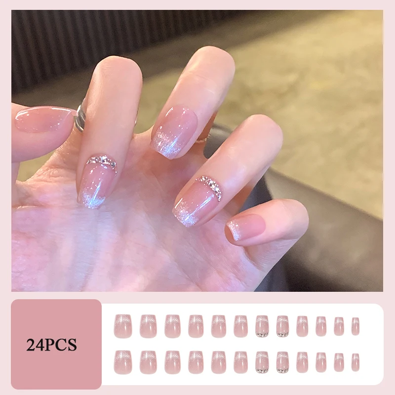 

24pcs Sparkling Pink Cat Eye False Nails for Girls Wearable Detachable Press on Nails Full Cover Sweet Cute Fake Nails uñas post