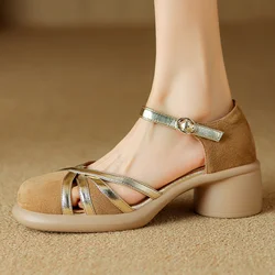 Women's natural suede leather sheepskin patchwork ankle strap sandals round toe 5cm thick med heel 2024 summer pumps shoes woman