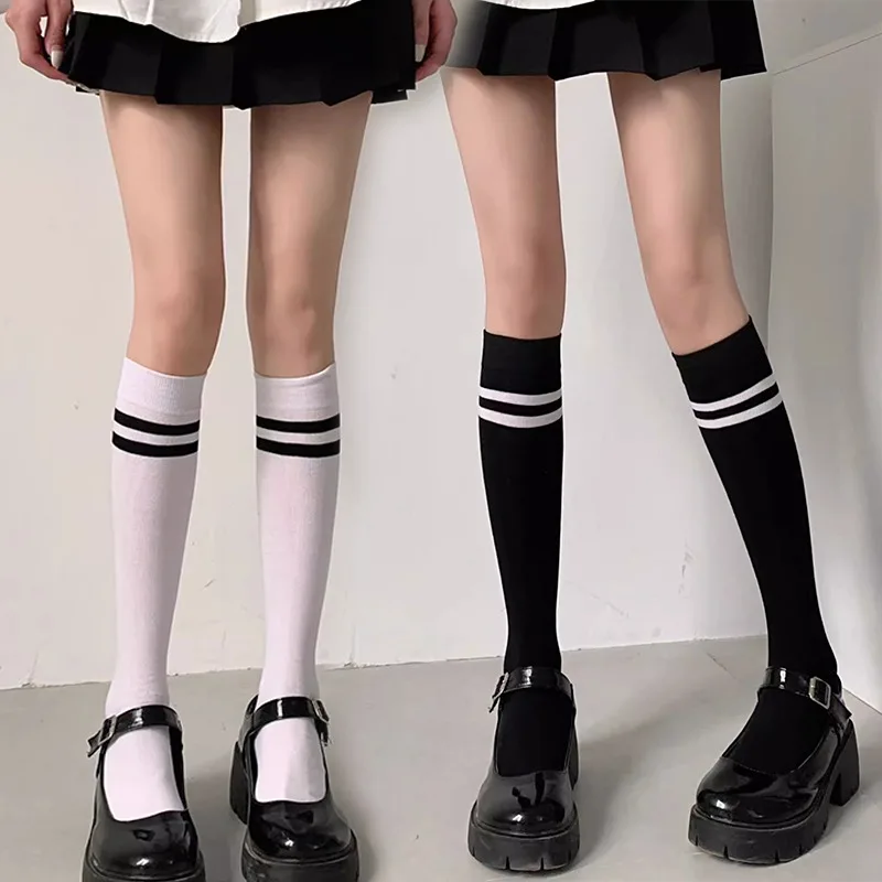 Sweet Cool Cute Striped Calf Stockings Black White Simple Japanese JK Harajuku Academy Style Versatile Elegant Kawaii Long Socks