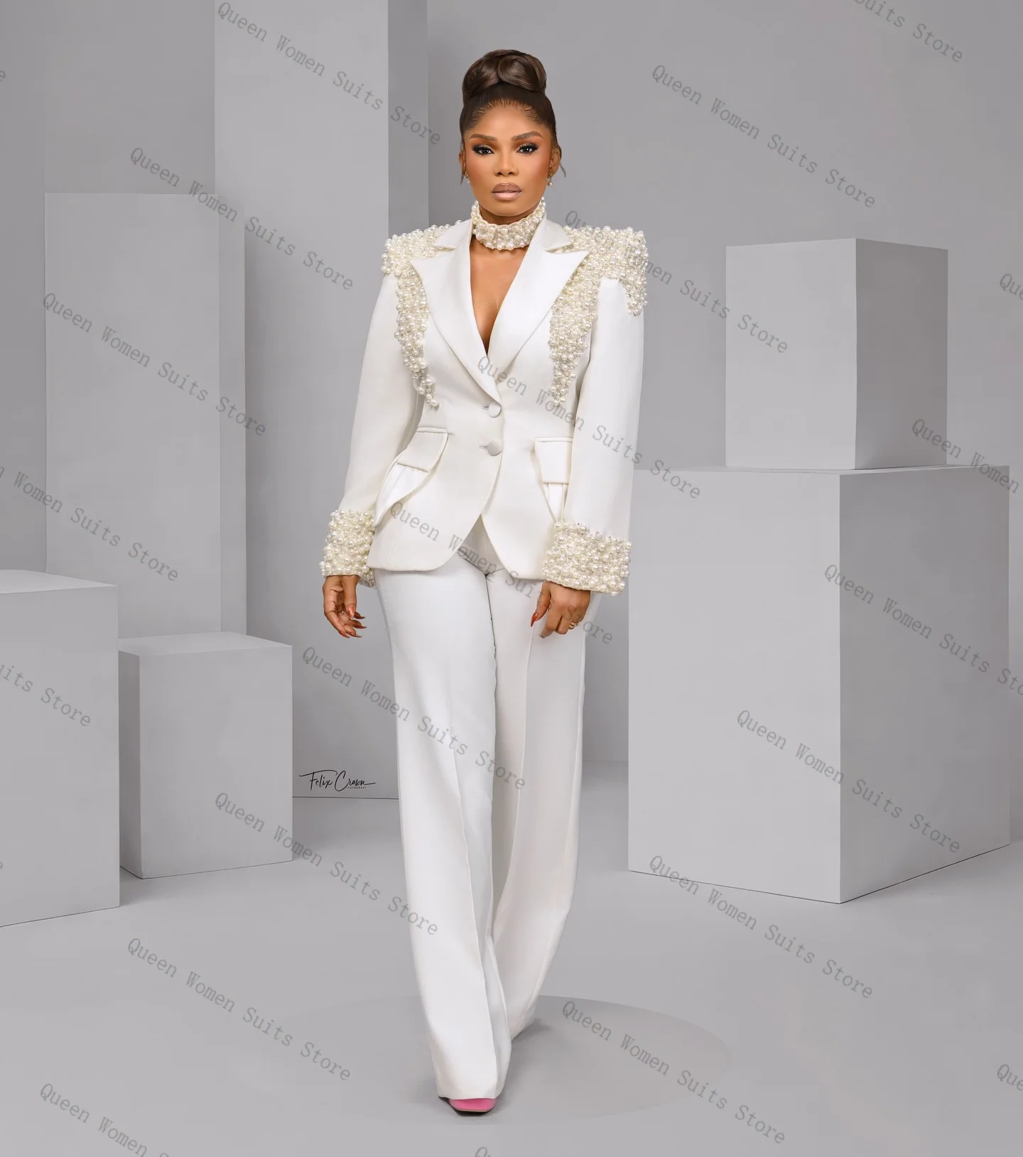 

Pearls Women Suit Pants Set 2 Pcs White Blazer+Trousers Cotton Spring Formal Office Lady Jacket Wedding Prom Coat Customized