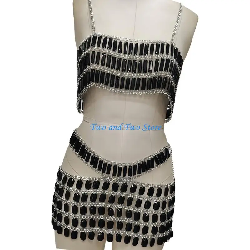 HX6F Blackless Crop Top Short Skirt Rhinestones Bras Chain Beach Body Jewelry image 5