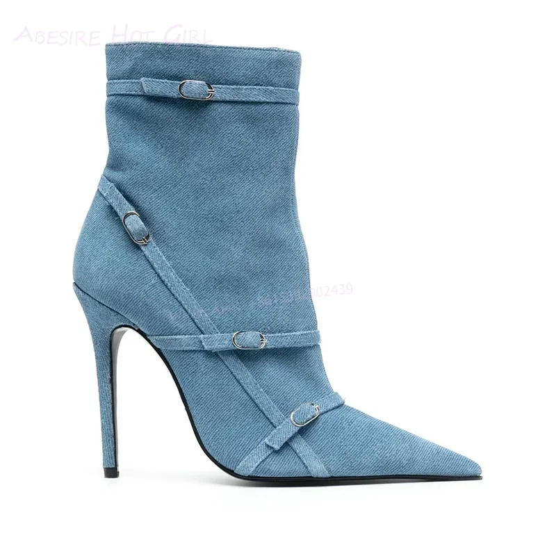 Sky Lake Blue Buckle Short Boots Women Green Leather Simple Pink Pointed Toe Side Zipper Ankle Booties Denim Light Color Shoes