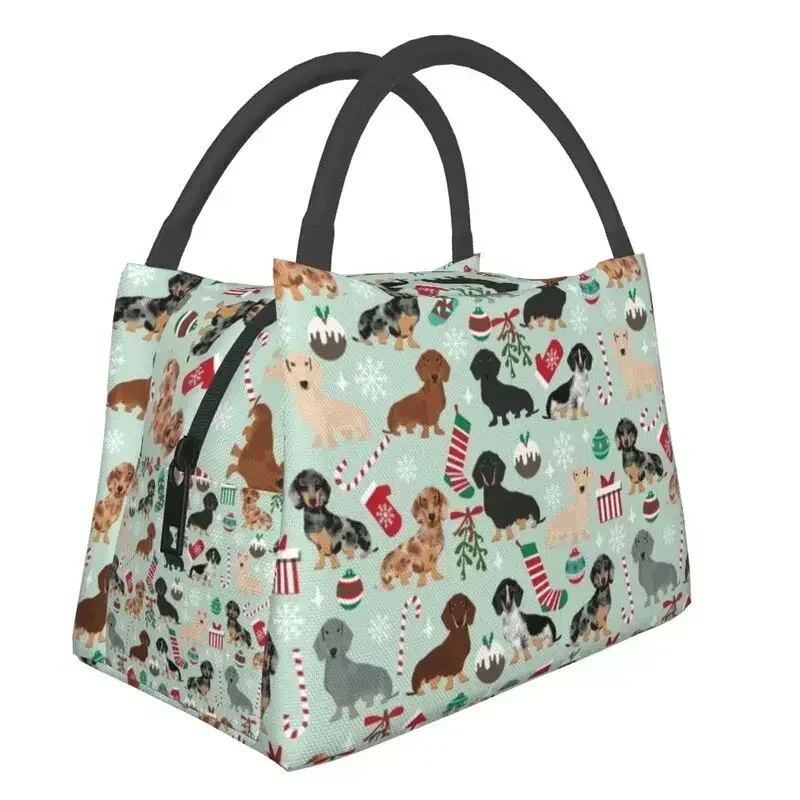 

Retro Christmas Dachshunds Insulated Lunch Bag for Women Sausage Wiener Dogs Cooler Thermal Lunch Tote Beach Camping Travel