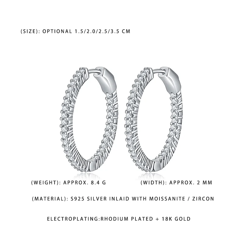 

Роскошные серьги-кольца из серебра S925 с инкрустацией муассанитом/цирконием, родиевым и 18-каратным золотым покрытием для женщин