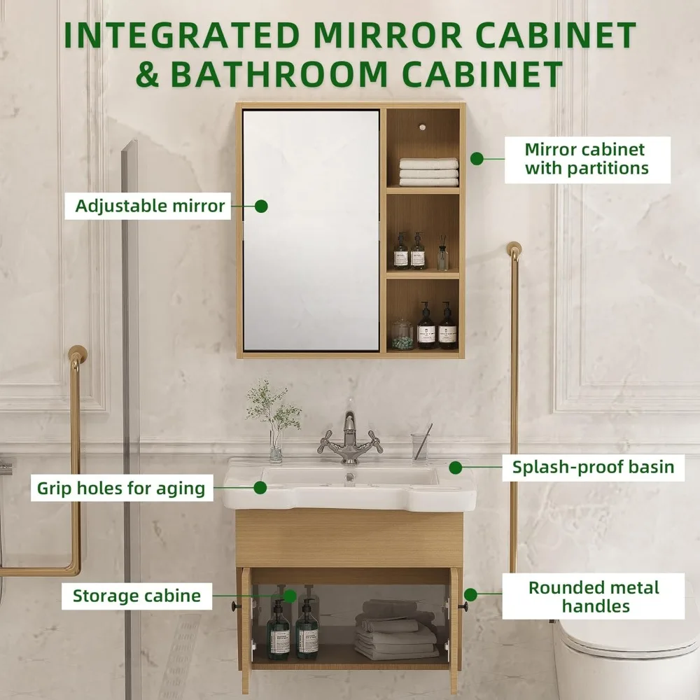 24インチのフローティング洗面台、ADA準拠、モダンな壁掛け式小型洗面台、セラミック製シンク、モダンなハンド＆ミラーキャビネットのコンボ