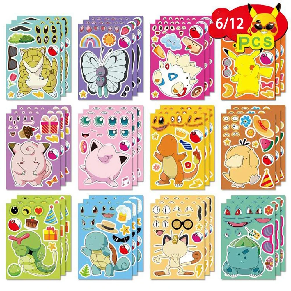 

6/12Sheets Make-a-Face Pokemon Stickers Anime Puzzle Cartoon Decals Assemble Jigsaw Pikachu Psyduck Stickers for Kids Toys Gift