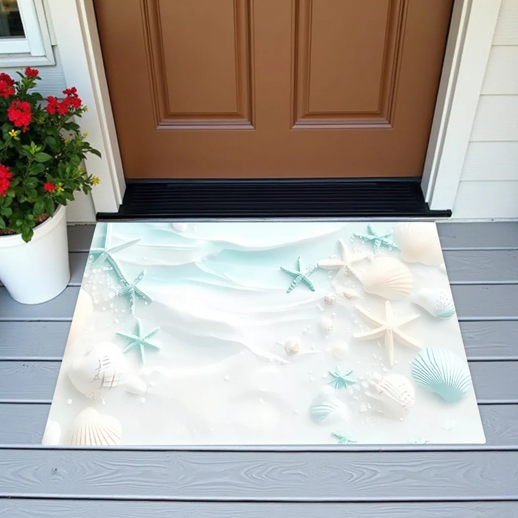 Minimalist White Blue Seashell Doormat Nautical Ocean Print For Bathroom Kitchen And Coastal Entryway