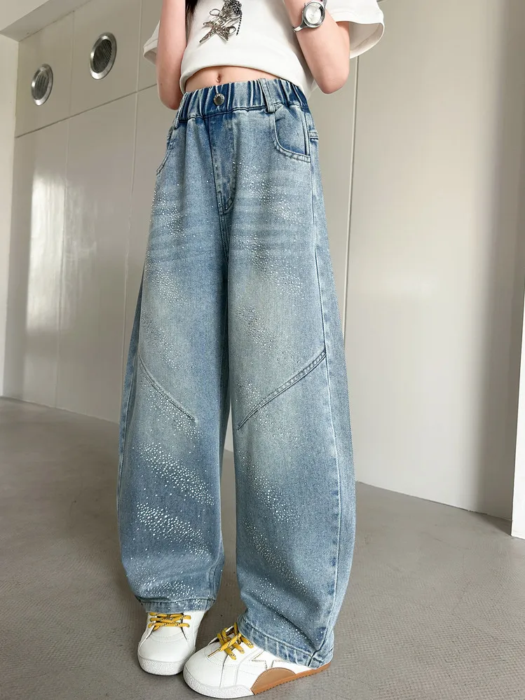 Girls' Leaf Rhinestone Scimitar Pants 2026 Spring Leaf Denim Pants Big Kids Korean Style Wide-leg Pants Stylish