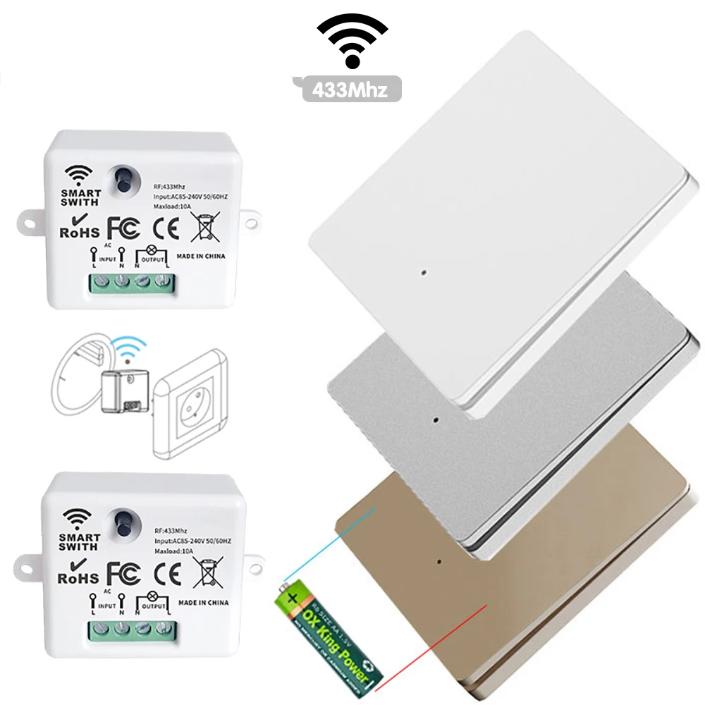 Szaoju Mini RF 433mhz Smart Wireless Switch Wall Panel With Remote Control AC90V~250V Module Relay Receiver For LED Light Lamp